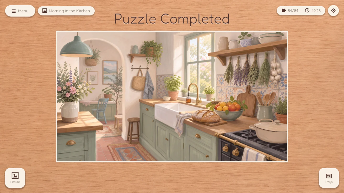 A completed kitchen puzzle with the piece outlines removed