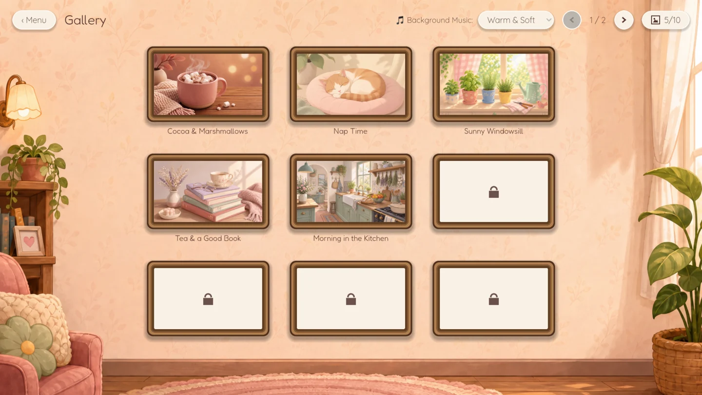Completed Puzzle Peace scenes displayed as framed pictures in the Gallery