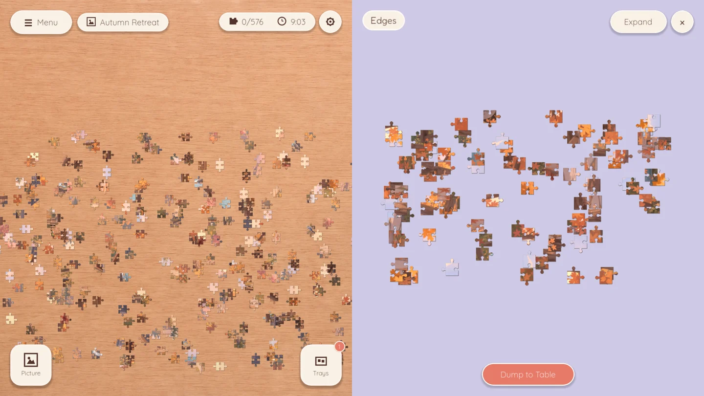 Puzzle Peace gameplay with pieces organised into a docked tray